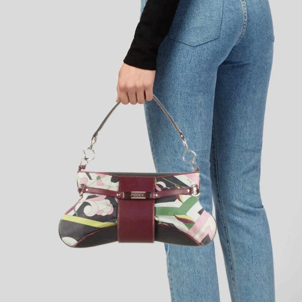 Emilio Pucci Printed Leather Nylon Trim Shoulder Bag